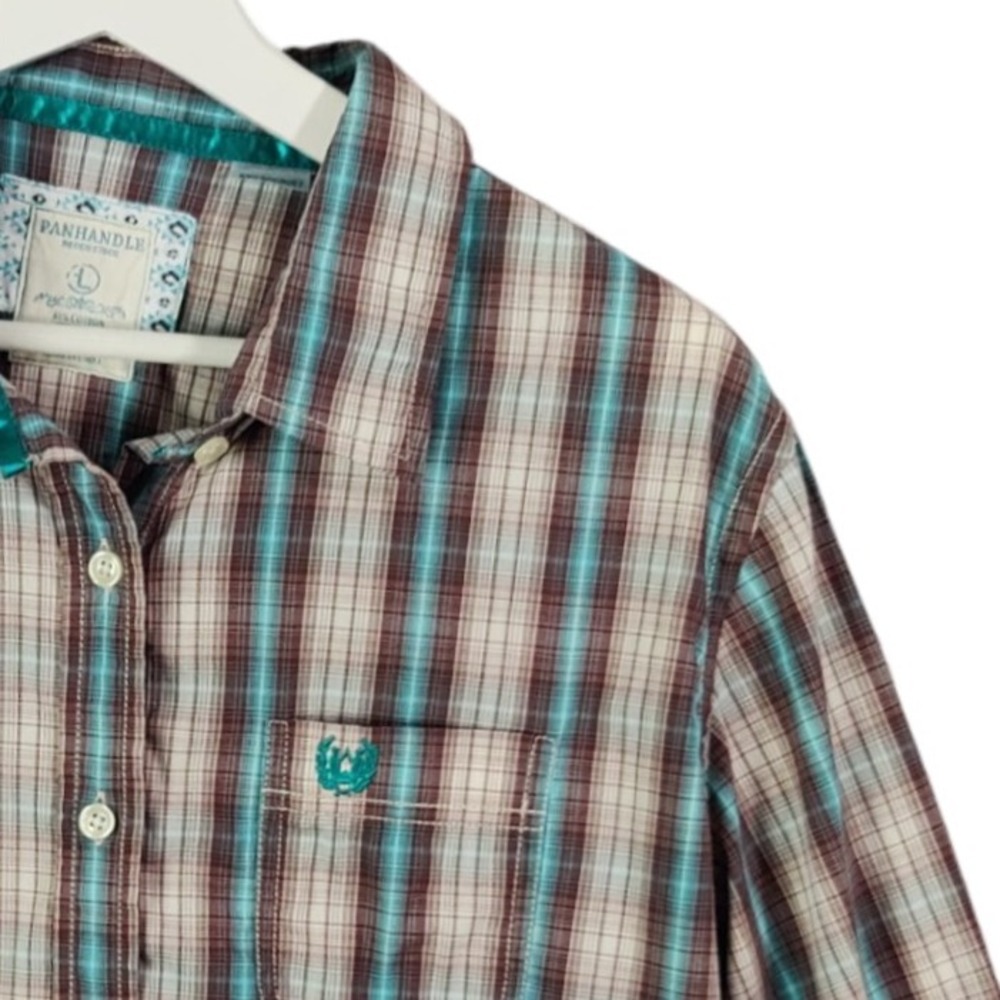 Panhandle Rough Stock Womens Large Western Rodeo Reverse Cuff Plaid Button Shirt